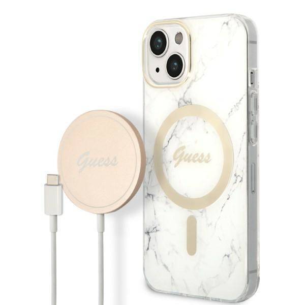 Zestaw Guess GUBPP14MHMEACSH Case+ Charger iPhone 14 Plus 6,7" biały/white hard case Marble MagSafe
